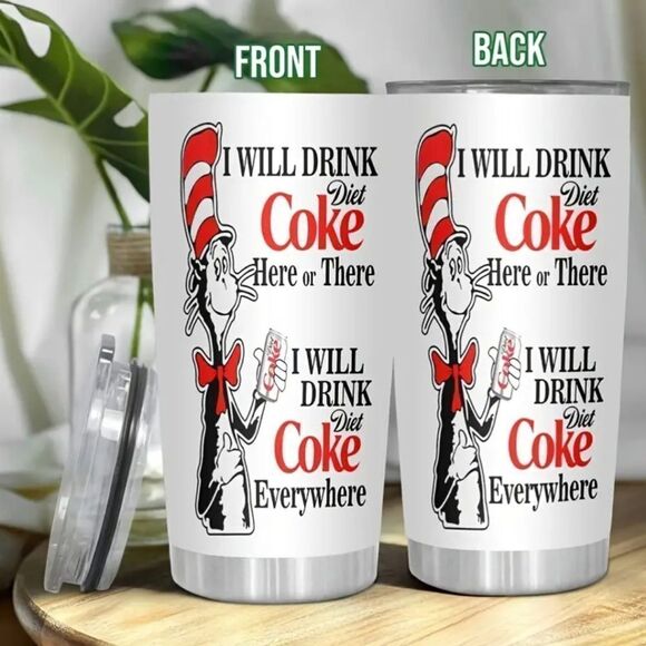 20 Oz Insulated Vacuum-Sealed Stainless Steel Cat in the Hat Diet Coke Tumbler - Picture 3 of 5
